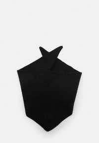 Zwarte gebreide sjaal met een geribbelde textuur, met een uniek puntig ontwerp aan elk uiteinde en een verlengde driehoekige vorm.