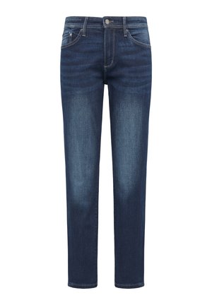 Jeans en denim bleu foncé avec une coupe droite, cinq poches et des effets de décoloration subtils. Fermeture classique par bouton et fermeture éclair.