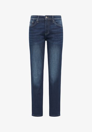 Dark blue denim jeans featuring a straight-leg design, five pockets, and subtle fading effects. Classic button and zipper closure.