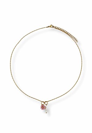 Delicate gold chain necklace with a small pink flower charm and a dangling white pearl charm.