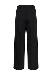 Pantalon noir à jambes larges avec taille élastique et deux poches passepoilées à l'arrière, vu de dos sur fond blanc.