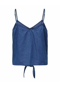 Top in denim, di colore blu profondo, con scollo a V e dettagli testurizzati, spalline sottili regolabili e dettaglio a cravatta all'orlo.