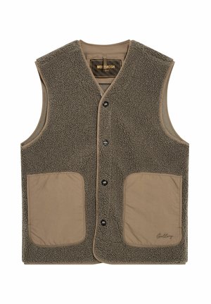 Brun texturerad fleeceväst med knäppning fram och två stora beige tygfickor på framkanterna.