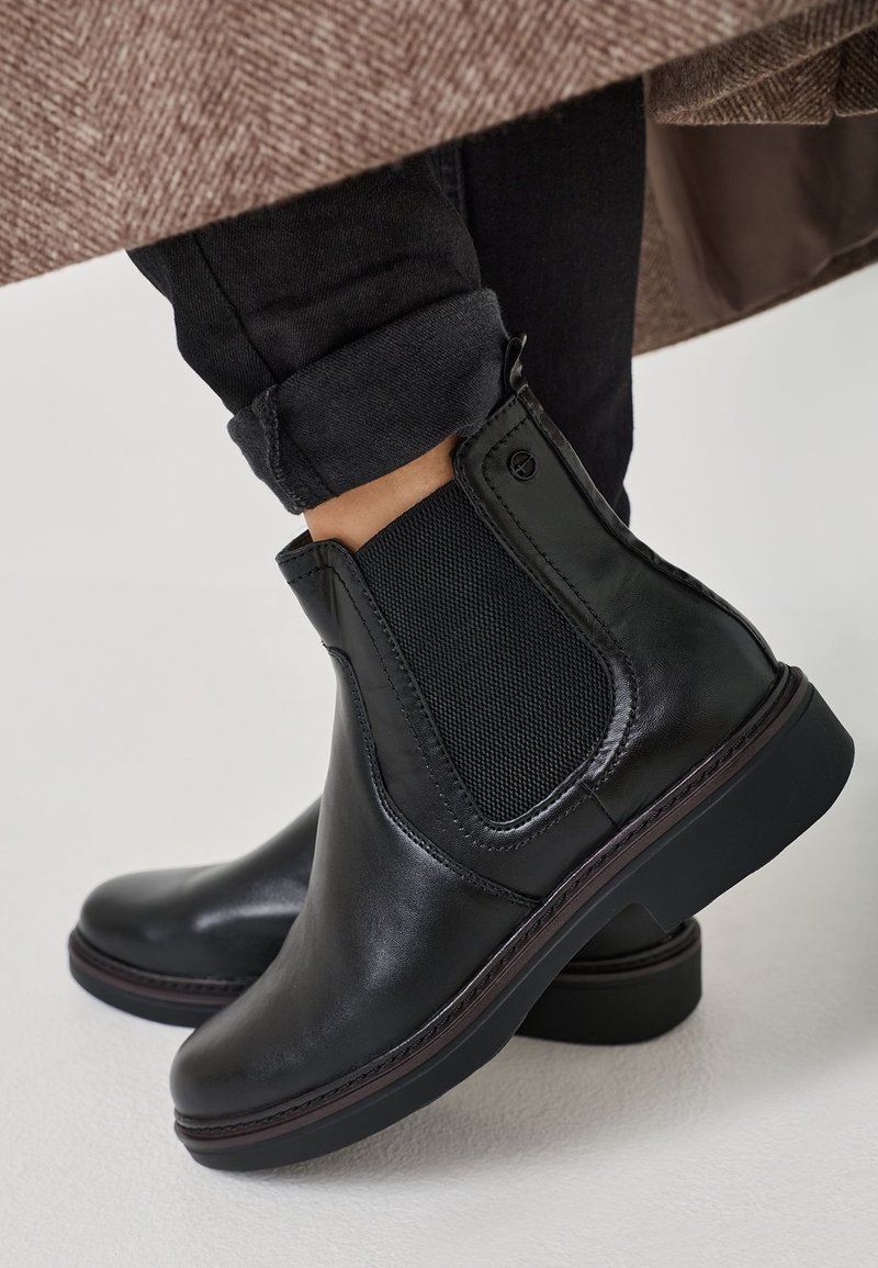 Bottes Chelsea en cuir noir portées avec un pantalon noir retroussé et un manteau marron visible en haut, sur un fond clair uni.