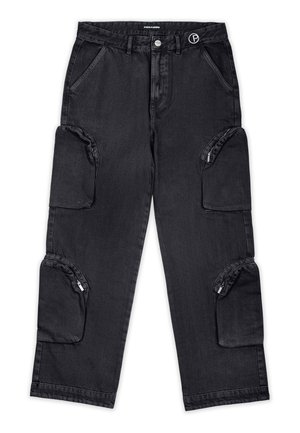 Black cargo pants with multiple zippered pockets, a button closure, and a woven label at the waistband. Made from denim, featuring a straight leg design.