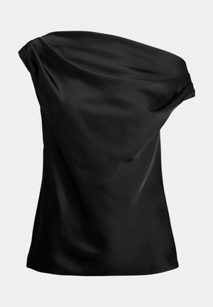Black satin off-the-shoulder top with draped design, asymmetrical neckline, and smooth texture. Includes soft pleating at the shoulder.