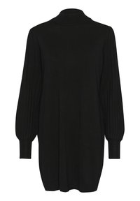 Pull noir en tricot avec un col haut, des manches longues côtelées et une coupe décontractée. La texture du tissu est douce et lisse.