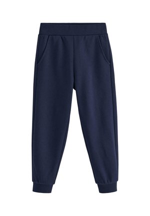 Marineblå joggingbukser med elastisk talje, sidelommer og ribbet afslutning ved anklerne, designet til afslappet brug.