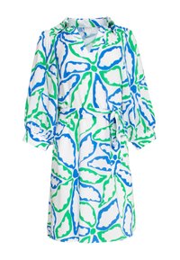 Blumenkleid in Weiß mit blauen und grünen Mustern, V-Ausschnitt und langen Puffärmeln. Mit tailliertem Bund und leichtem Stoff.