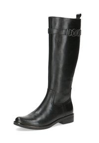 Črne usnjene čevlje do kolen z elegantnim dizajnom, ki vključujejo dekorativni pas in kovinski dodatek. Okrogla toe in nizek blokast pet.