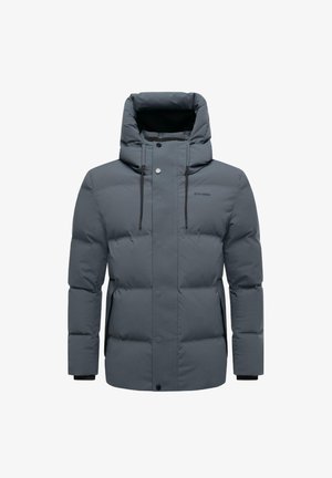 Gevoerde grijze jas met een hoge kraag en capuchon, voorzien van een ritssluiting aan de voorkant en drukknoopsluiten, zwarte accenten, en elastische manchetten.