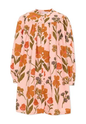 Robe rose à manches longues avec des boutons sur le devant et un motif floral dans des tons orange, vert et violet, avec un col rond et des détails froncés.