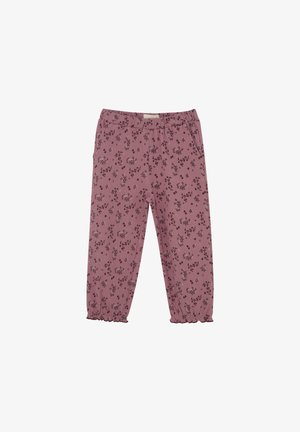 Ribbed, lyserøde bukser med et blomsterprint i mørkere nuancer, med en elastisk talje og samlede manchetter ved anklerne.