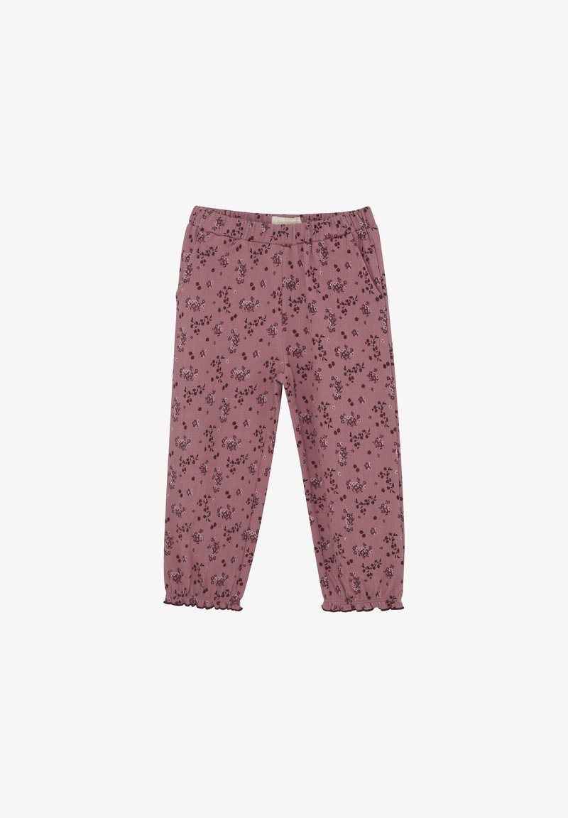 Ribbat, rosa byxor med ett blommönster i mörkare nyanser, med elastisk midja och samlade cuffs vid anklarna.