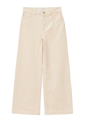 Pantaloni in corduroy beige a gamba larga con vita alta, dotati di tasche frontali, chiusura con bottone e superficie rigata testurizzata.