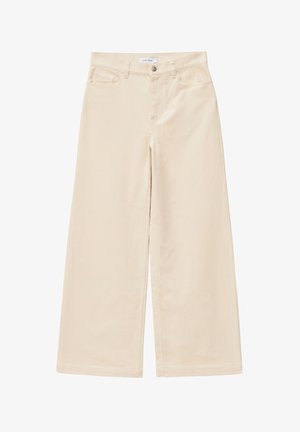 Pantalons en velours côtelé beige à jambes larges avec taille haute, dotés de poches avant, d'une fermeture à bouton et d'une surface texturée en côtes.