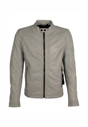 Grijze leren jack met een staande kraag, voorste ritsclosure en zijzakken. Heeft een zachte textuur en een minimalistisch ontwerp.