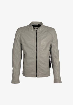 Grijze leren jack met een staande kraag, voorste ritsclosure en zijzakken. Heeft een zachte textuur en een minimalistisch ontwerp.