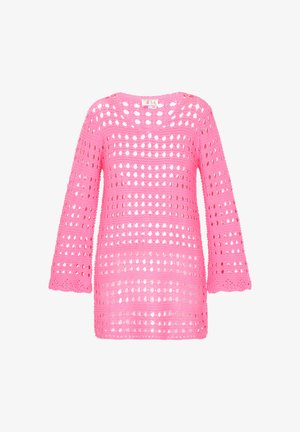 Rózsaszín, horgolt pulóver, laza fazonnal, nagy nyílásokkal és háromnegyedes ujjal. Puha tapintású és bordázott szélekkel.