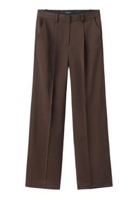 Pantalons marron à jambes larges avec plis avant, passants de ceinture et poches latérales. Fabriqués dans un tissu lisse avec un design ajusté.