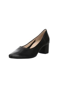 Black leather pump with a pointed toe and low block heel. Smooth texture with a sleek design and a subtle cutout on the sides.