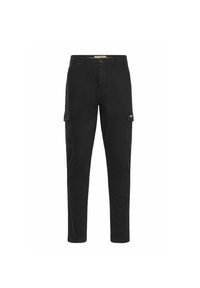 Svarta cargobyxor med en slim-fit design, som har två sidofickor och en bakficka, tillverkade av hållbart bomullstyg.
