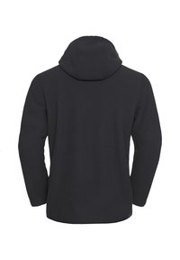 Felpa nera con cappuccio, texture a coste, maniche lunghe e taglio dritto. Presenta un cappuccio prominente e nessun marchio visibile.
