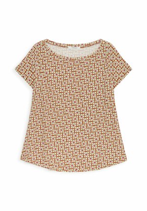 Top da donna a maniche corte con scollo rotondo, con motivo floreale astratto ripetuto nei colori marrone, crema, rosa e azzurro chiaro.