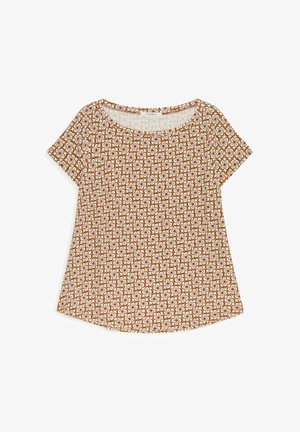 Haut pour femme à manches courtes avec encolure ronde, présentant un motif floral abstrait répétitif en marron, crème, rose et bleu clair.