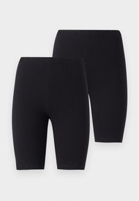 Black cotton bike shorts with an elastic waistband, featuring a smooth texture and a knee-length design. Two pairs shown side by side.
