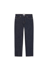 Σκούρο μπλε τζιν παντελόνι με ίσια γραμμή. Διαθέτει πέντε τσέπες, μεταλλικό κουμπί και αντίθετη κίτρινη ραφή.