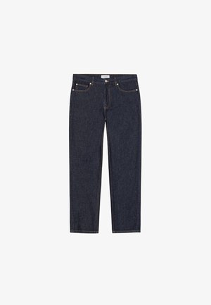 Dark blue denim jeans with a straight leg design. Features five pockets, a metal button, and contrasting yellow stitching.