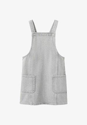 Sive traper haljina na bretele sa podesivim naramenicama, dva velika prednja džepa i ravnom siluetom. Mekana tekstura, minimalni šavovi.