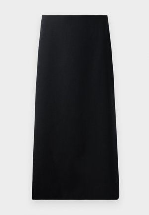Zwarte midi rok van gladde stof, met een gestructureerde silhouet in een rechte vorm en zonder zichtbare patronen of versieringen.