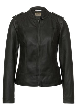 Schwarze Jacke aus Kunstleder mit Frontreißverschluss, Druckknopfkragen, Schulterklappen und langen Ärmeln, designed für eine schlanke Passform.