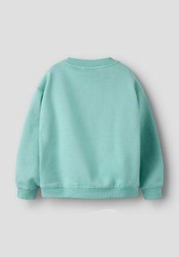 Felpa verde menta con collo girocollo e polsini a costine, caratterizzata da una morbida texture in pile e una forma squadrata, progettata per comfort e comodità.