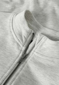 Hellgraue Zip-Hoodie aus einem weichen Stoff, mit geripptem Kragen und einem metallischen Reißverschluss auf der Vorderseite. Glatte Textur mit minimalistischem Design.