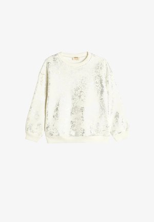 Witte sweatshirt met een textuur, sprankelende zilveren patroon, ronde hals en geribbelde manchetten. Gladde stof biedt een zachte afwerking.