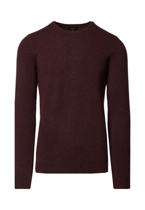 Burgundowa swetrowa bluzka z długimi rękawami, okrągłym dekoltem oraz ściągaczami przy rękawach i u dołu. Miękka tekstura, klasyczny wzór, bez widocznych deseni czy akcentów.