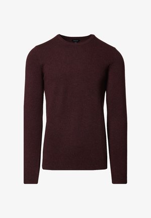 Burgundowa swetrowa bluzka z długimi rękawami, okrągłym dekoltem oraz ściągaczami przy rękawach i u dołu. Miękka tekstura, klasyczny wzór, bez widocznych deseni czy akcentów.