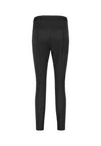Svarta byxor med en slät yta, slim fit och hög midja. Har två bakfickor och vertikala sömmar.