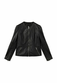 Veste en cuir noir avec une fermeture éclair frontale, un col rond et une texture lisse. Comprend des panneaux côtelés et deux poches avant zippées.