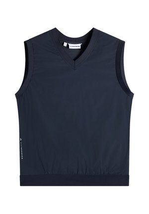 Ærmeløs sort V-hals vest med elastisk kant og subtil J.LINDEBERG-logo på nederste side, designet til afslappet eller sportstøj.