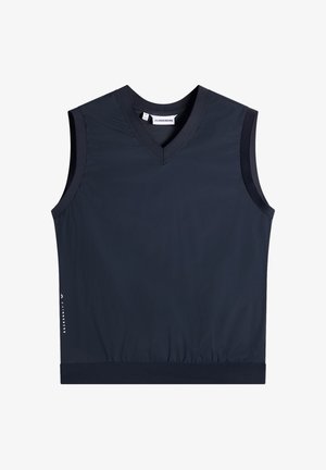 Ærmeløs sort V-hals vest med elastisk kant og subtil J.LINDEBERG-logo på nederste side, designet til afslappet eller sportstøj.