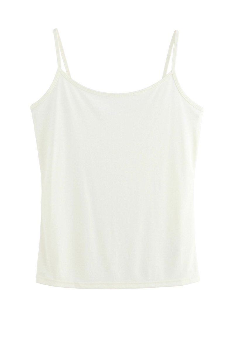 Witte, lichte camisole met dunne verstelbare schouderbandjes en een gladde textuur. Eenvoudig ontwerp, omgezoomde randen zonder zichtbare patronen of accenten.