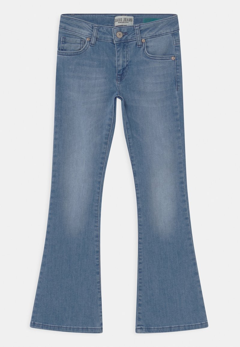 Lichtblauwe flared jeans van denim. Heeft vijf zakken, een knoopsluiting en lichte vervaging voor textuur. Glad oppervlak met stiksel details.