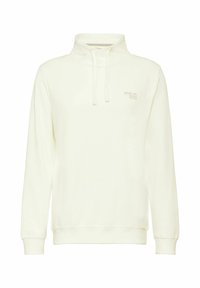 Bílá mikina s kapucí, dlouhými rukávy, žebrovanými manžetami a texturovaným povrchem. Na hrudi má malé potištěné logo.