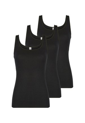 Three black tank tops with a fitted design, made of soft fabric, featuring wide shoulder straps and a scoop neckline.