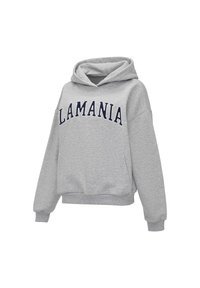 Šedá mikina s kapucí, přední kapsou, ribbed manžetami a spodním lemem. Na hrudi je název "LAMANIA" v námořnické modré barvě. Jemná textilní struktura.