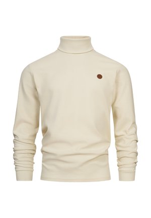Kremasti pulover s visokim ovratnikom, rebraste teksture i dugim rukavima. Ima mali smeđi logo akcent na prsima.